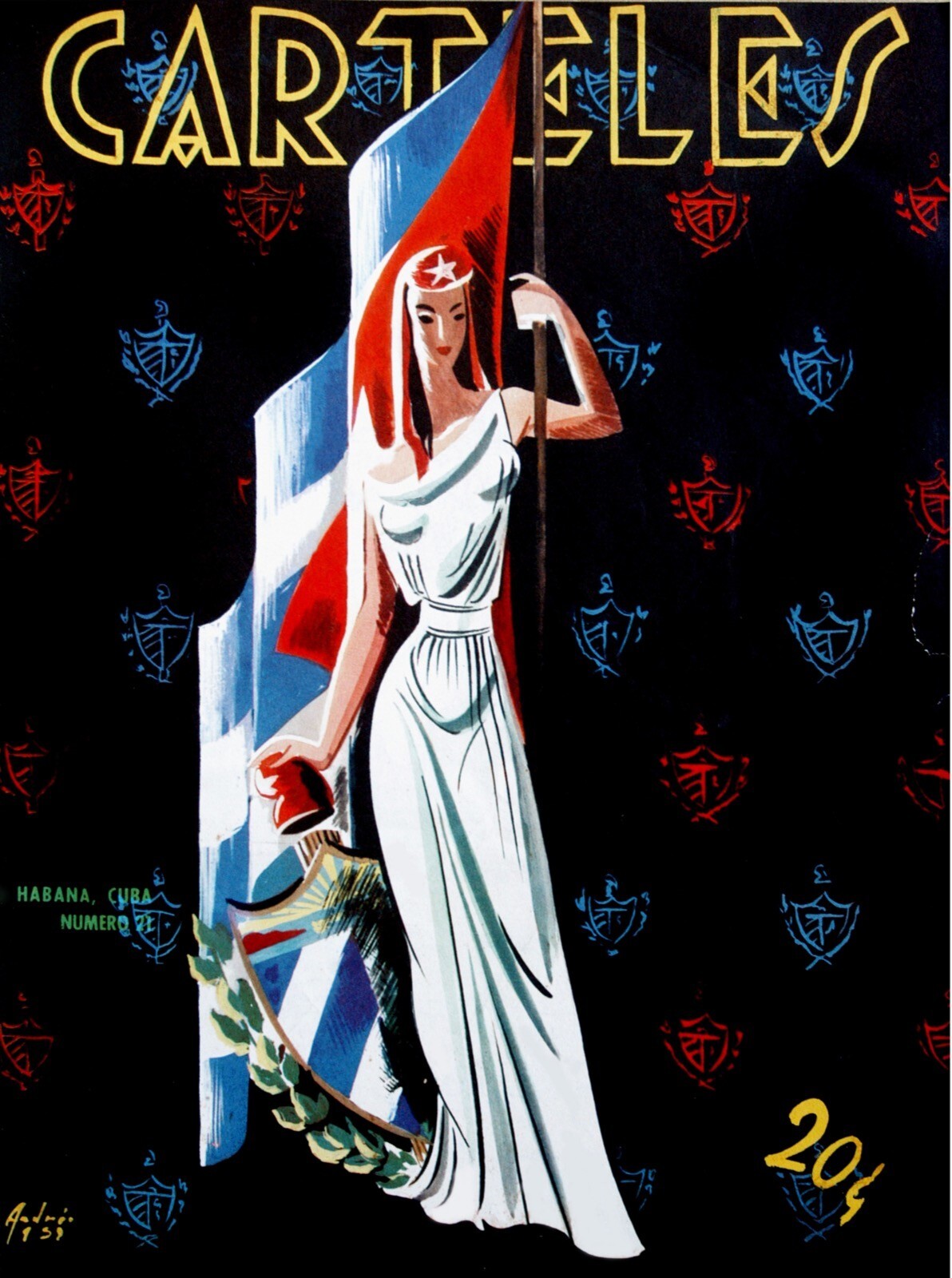 12476.Decor Poster.Vintage wall interior design.Woman in white holding Cuba flag gallery