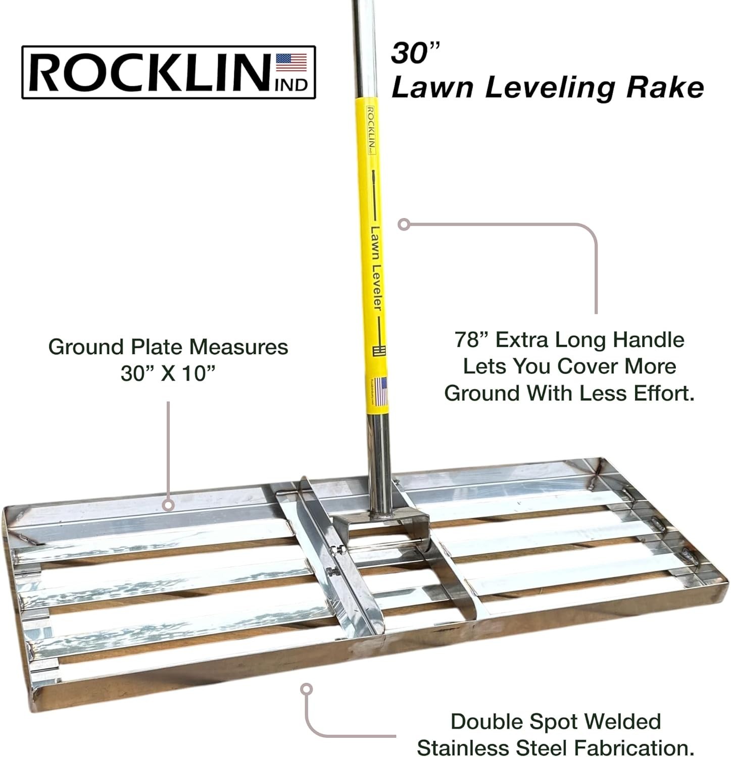 Rocklin Lawn Leveling Rake 30x10 Stainless Steel Ground Plate 78'' Long Handle gallery