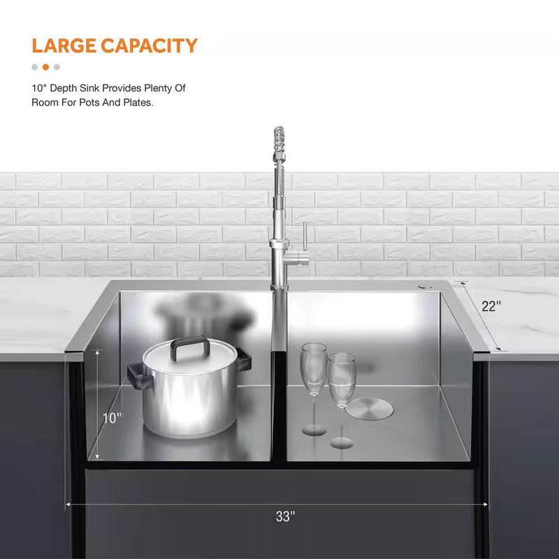 Professional Zero Radius 33 In. Drop-In 50/50 Double Bowl 16 Gauge Stainless Ste gallery
