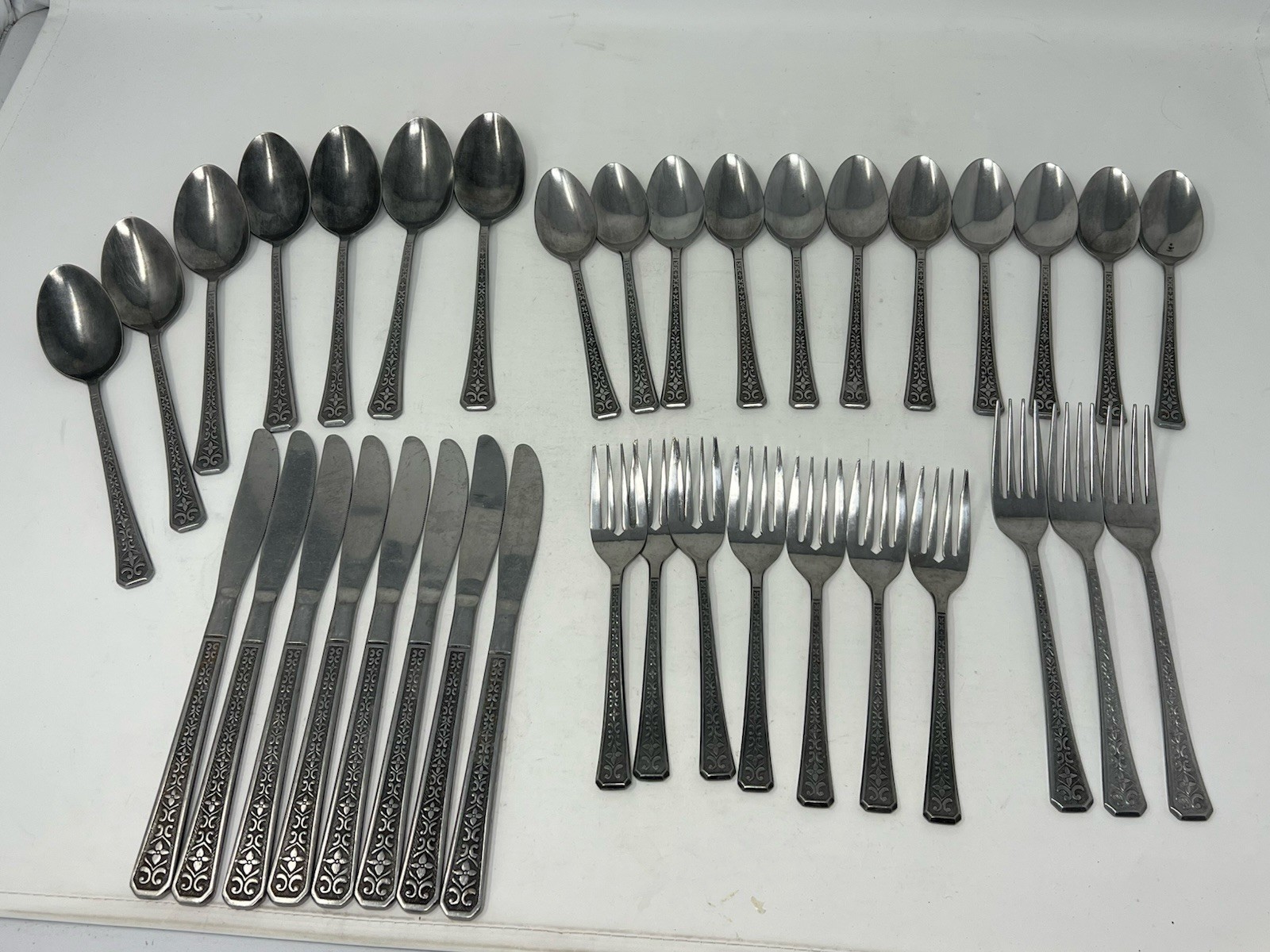 36 pieces Mid Century Interpur Stainless Flatware Japan FLORENZ 4 Petal Pattern gallery