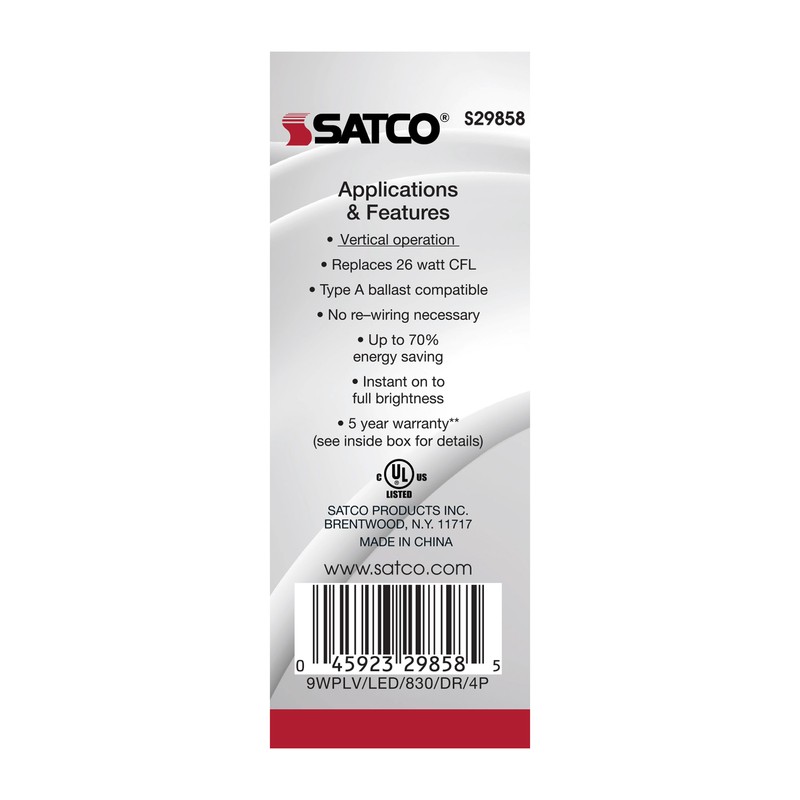Satco S29858 LED CFL PL Replacement Vertical Bulb 9W 4-Pin G24q 3000K Warm White gallery