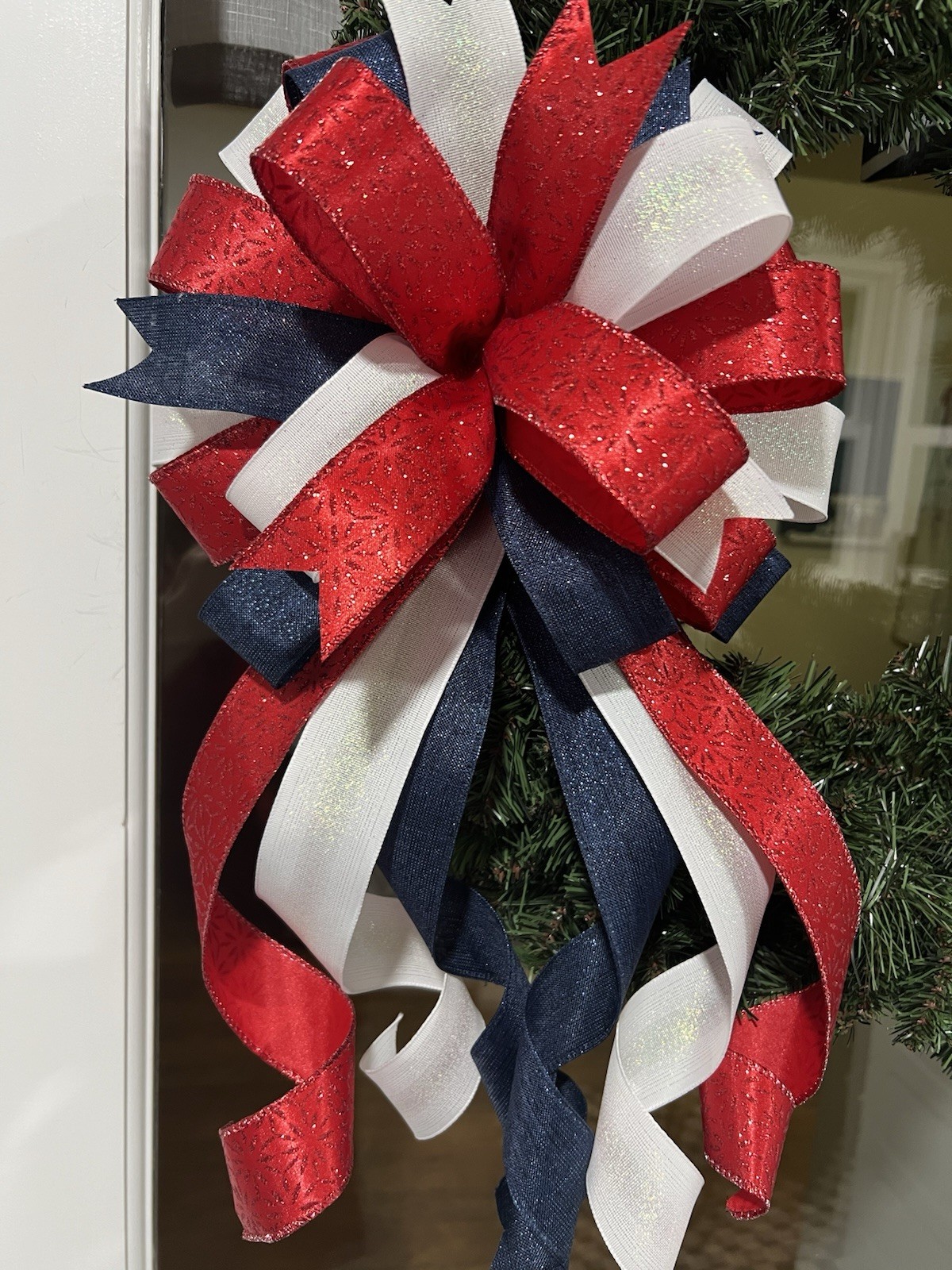 Handmade Red White Blue Patriotic 4th Memorial Day Wreath Lantern Bow Decor gallery
