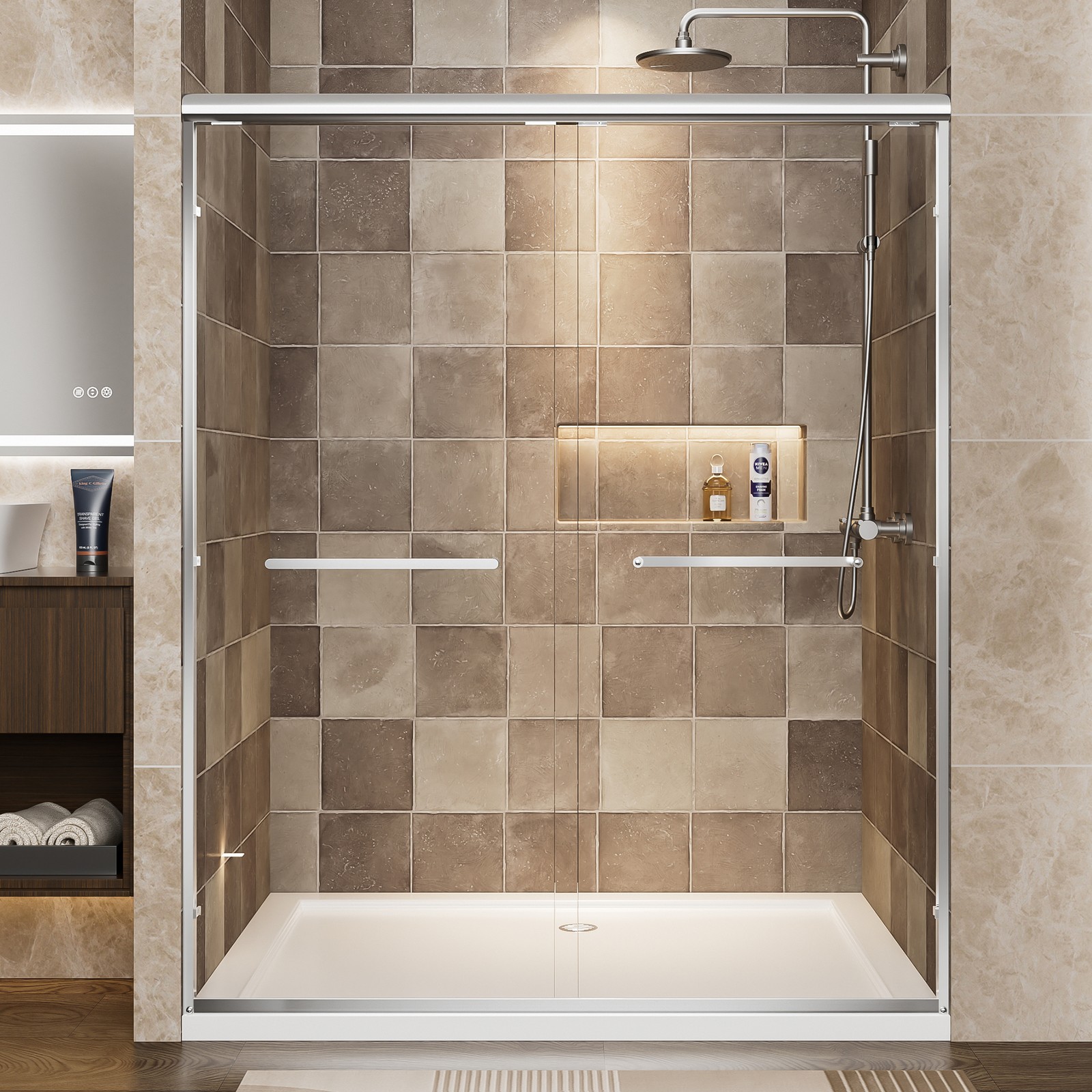 Sliding Shower Door 56-60", 72" H, Chrome Frame, Tempered Glass w/Handles gallery