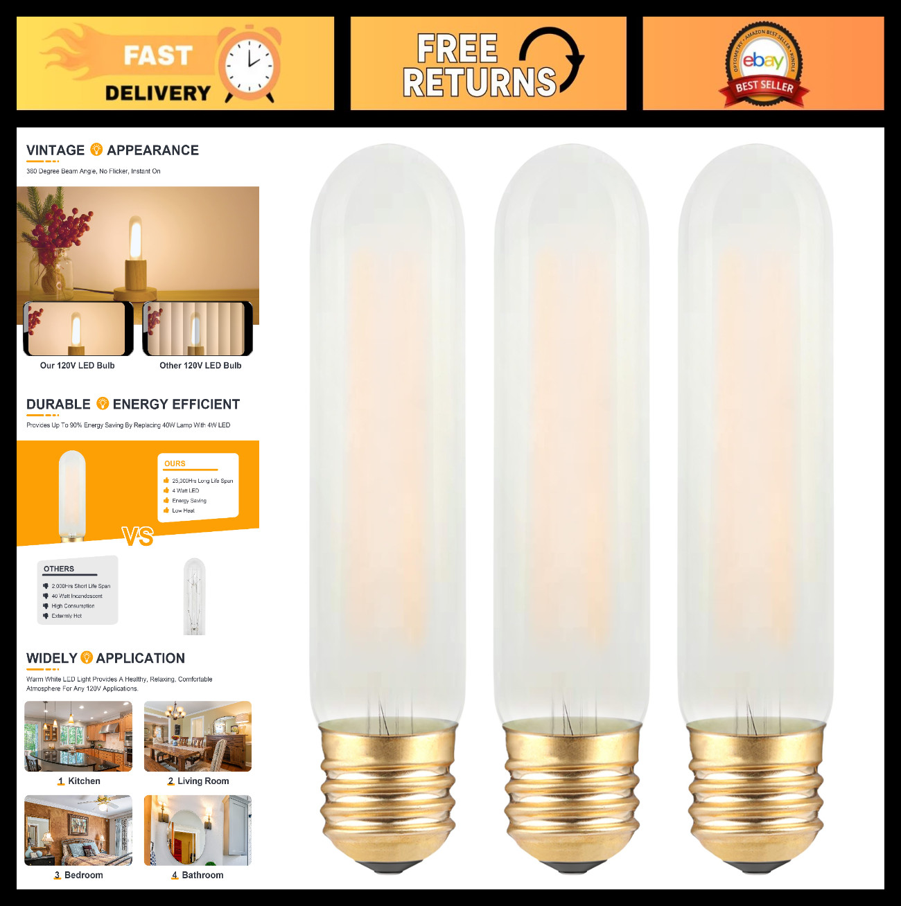 Dimmable T10 LED Frosted Bulbs 40W Equivalent 2700K Soft Warm Light - 3 Pack gallery