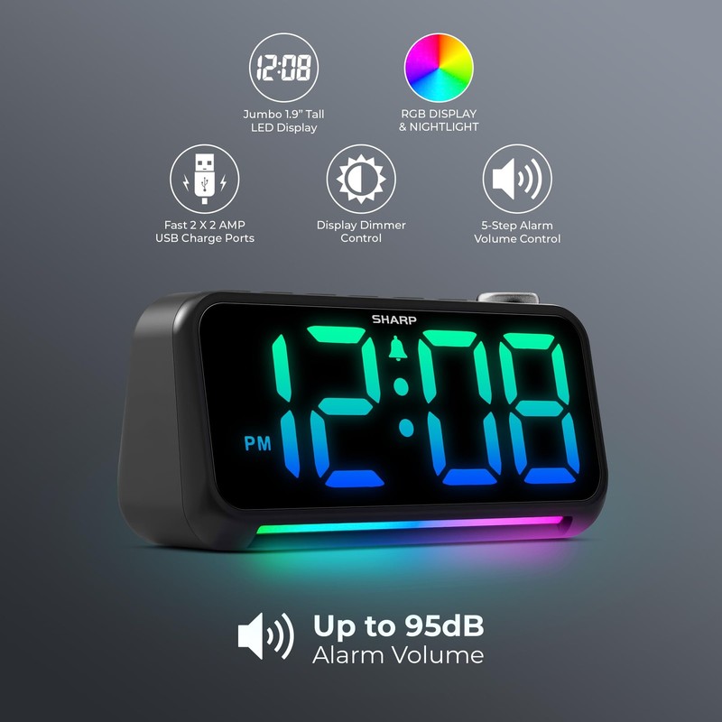 Sharp Loud Alarm Clock for Heavy Sleepers – 95dB Alarm, RGB Small, Black gallery