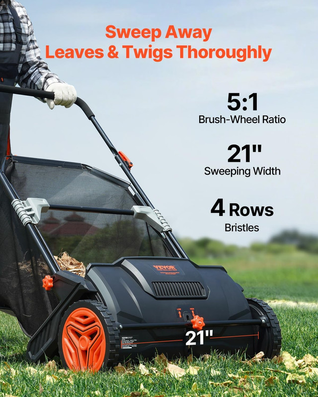Push Lawn Sweeper, 21Inch Leaf & Grass Collector, Heavy Duty Thickened Steel Dur gallery