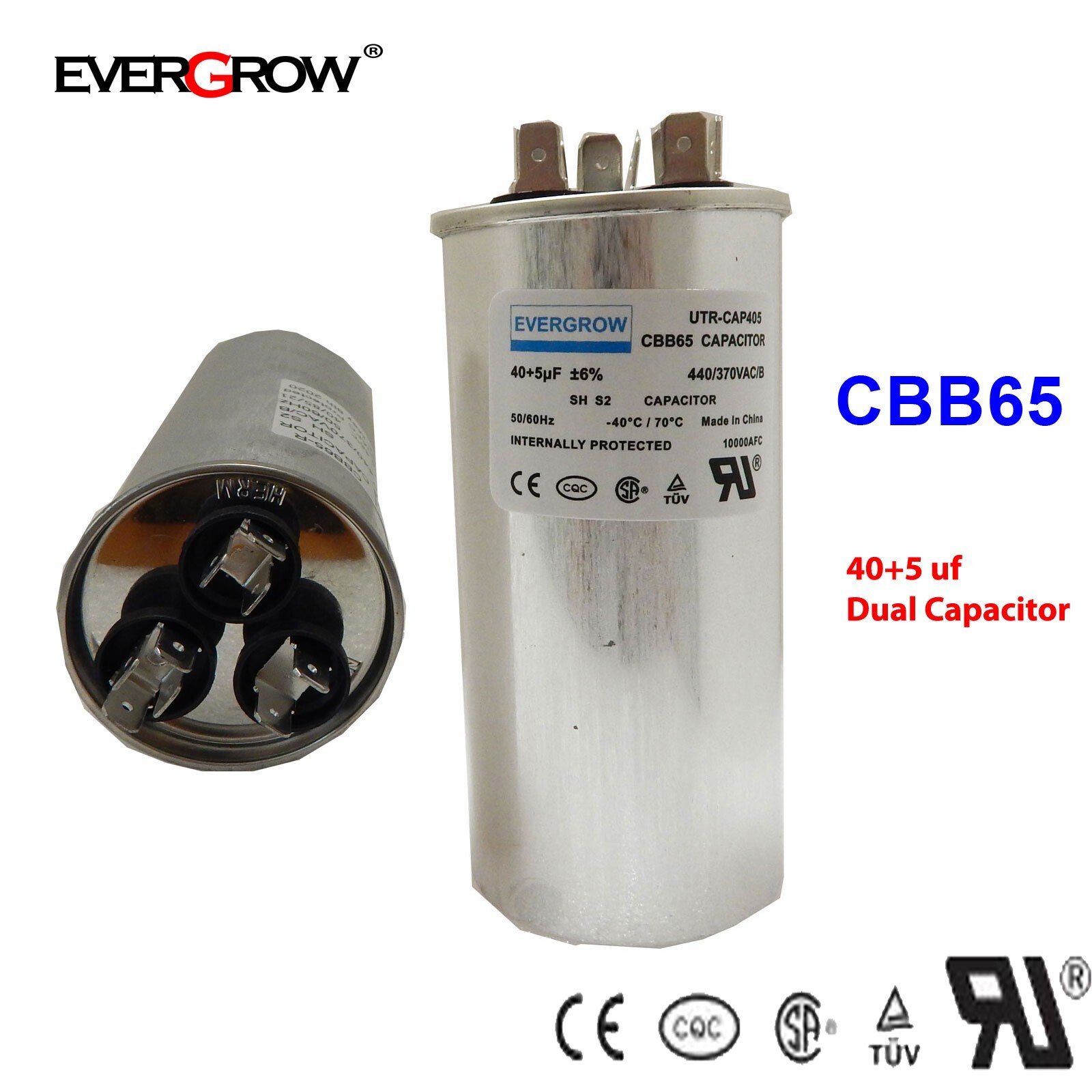 40 + 5 uf MFD 370 VAC Round Dual Capacitor 12878 Replaces C3405R 97F9849 gallery
