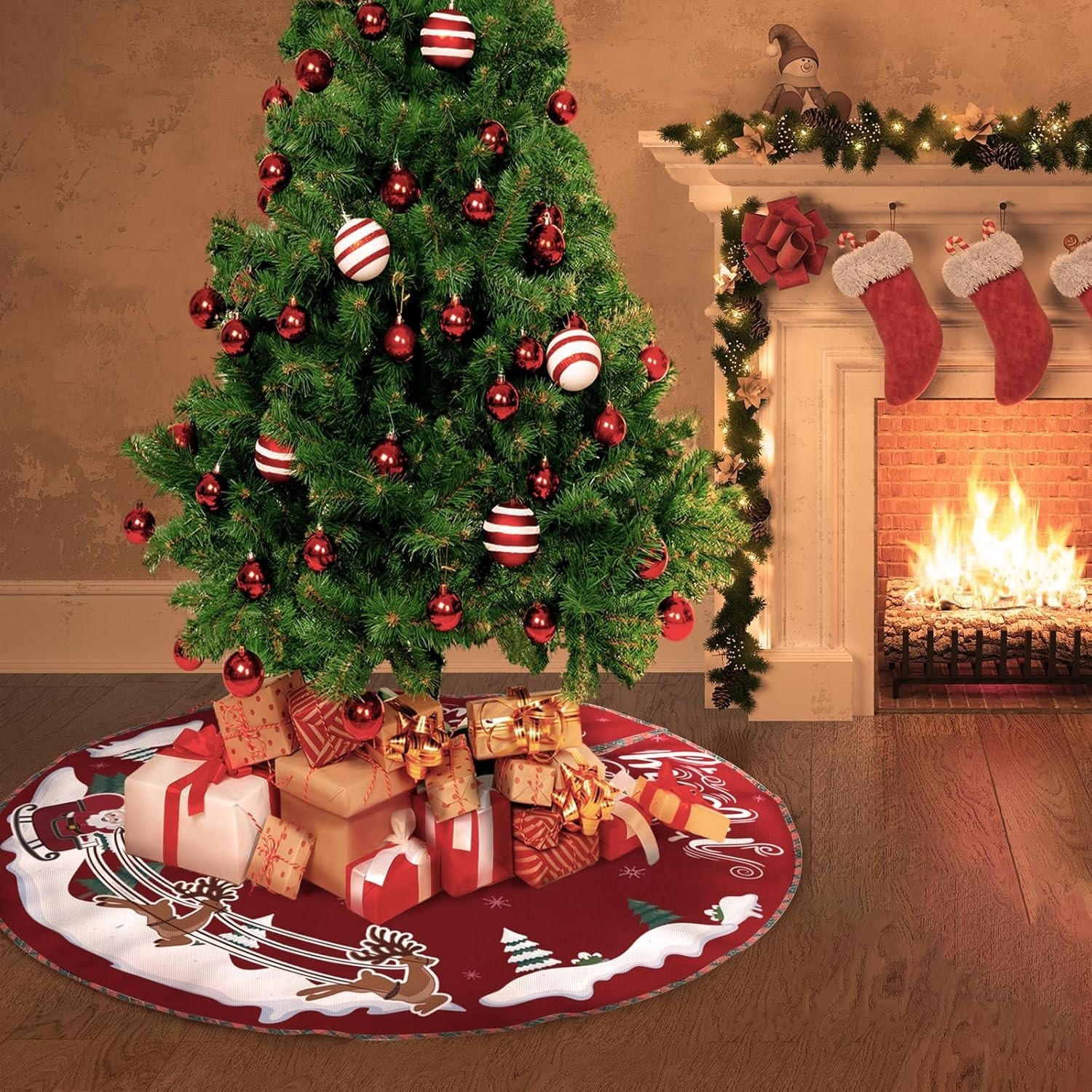 Falda para árbol de Navidad de 91 cm, tapete de arpillera con copos de nieve y r gallery