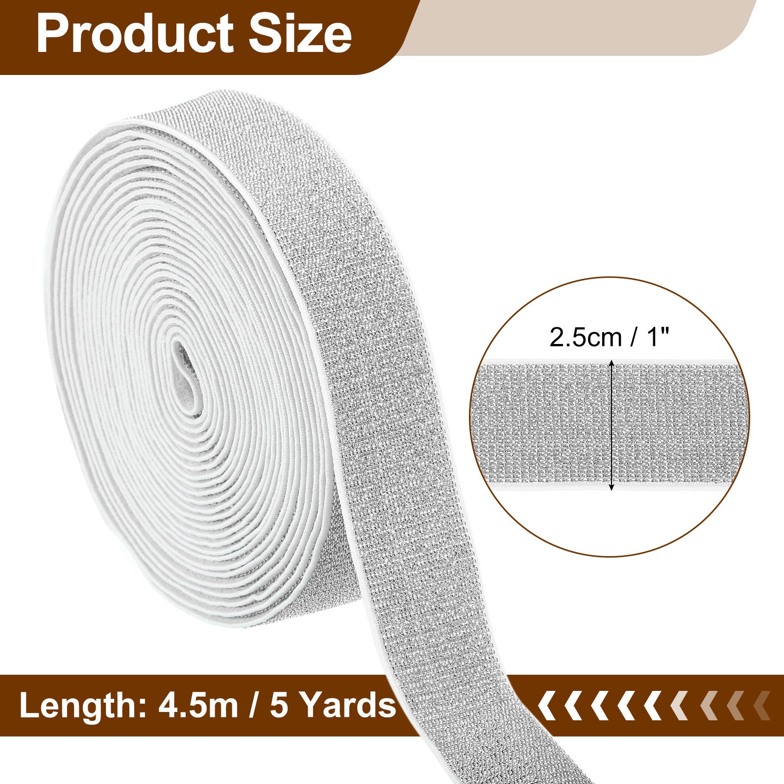 1" x 5 Yard Elastic Stretch Ribbon Strap White Edge Silver gallery