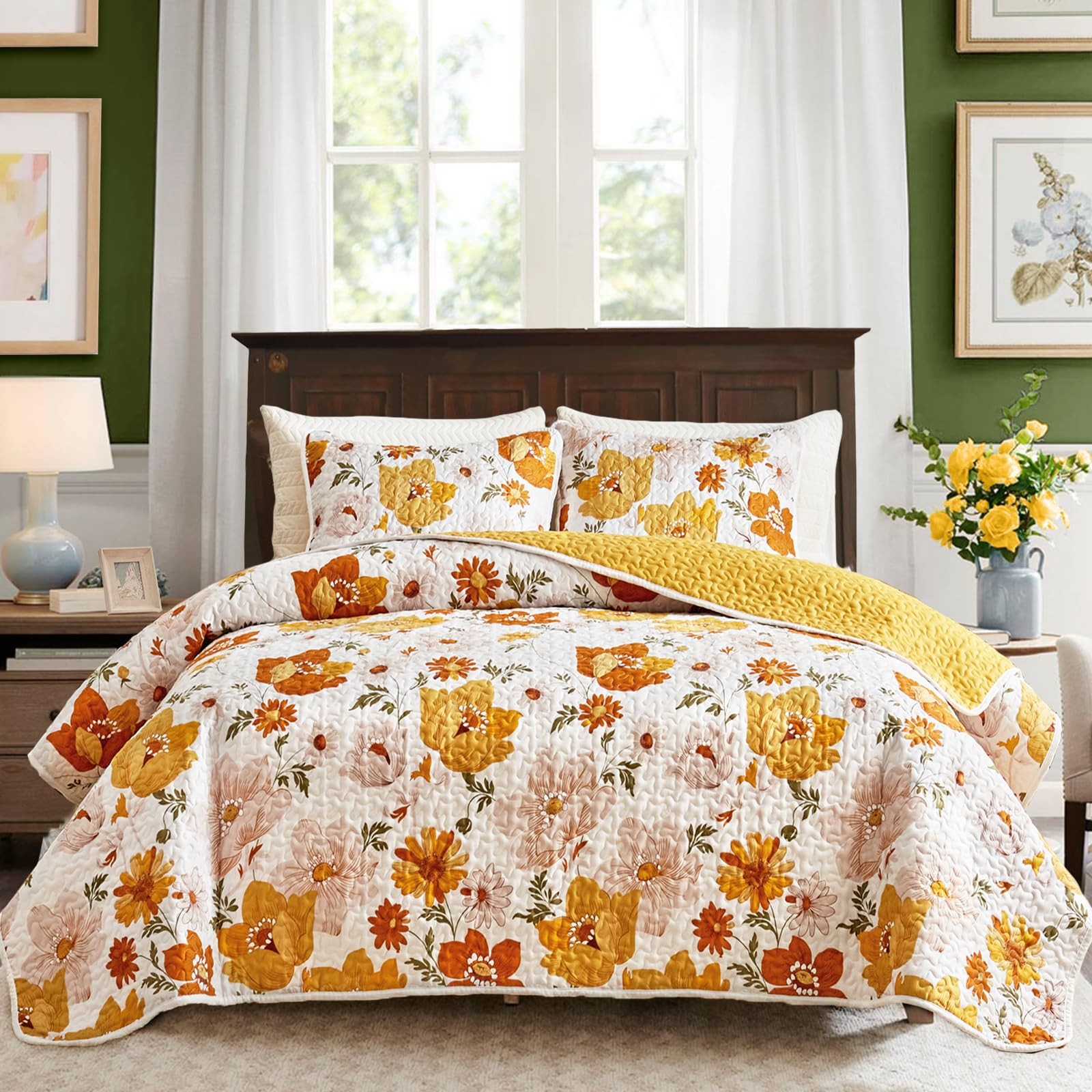 Uozzi Bedding Floral Set 3 Pieces Queen Size White Orange Yellow Leaves Soft gallery