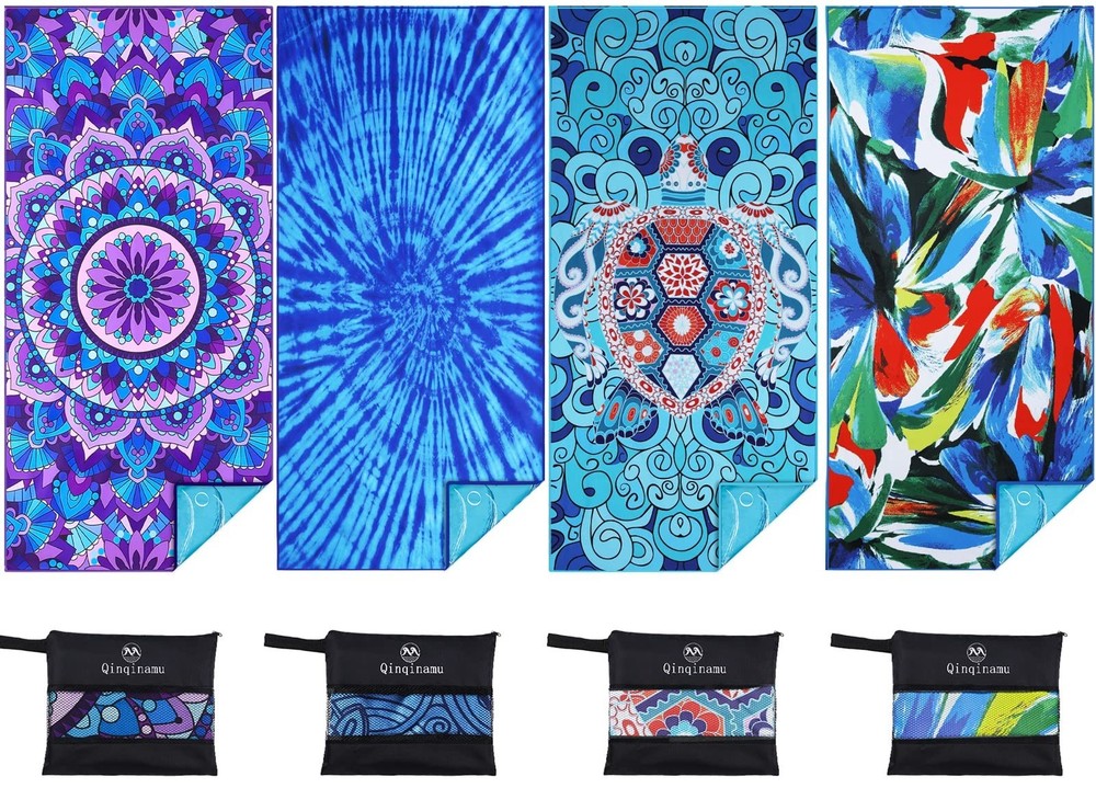 4 Pack Microfiber Thin Lightweight Beach 71"x32", 4 Blue and Tie Dye