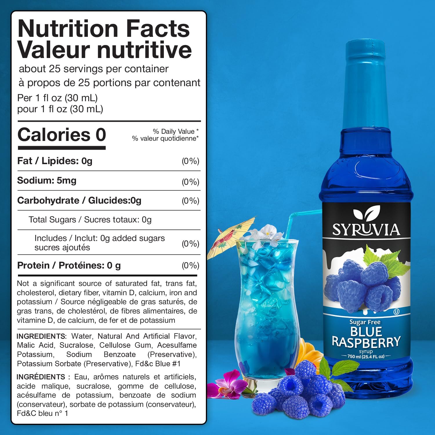 Syruvia Sugar Free Blue Raspberry Syrup 25.4 fl oz, for Drinks, Shakes & More gallery