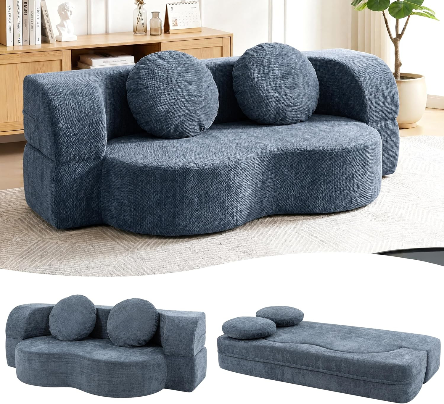 78" Convertible Sofa Bed - 2-in-1 Memory Foam Futon with Pillows, Blue gallery