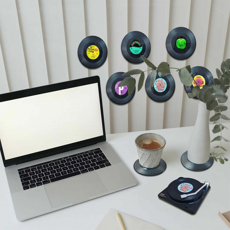 Vinyl Record Coasters for Drinks Retro Disk Coaster with Holder for Wooden Table gallery