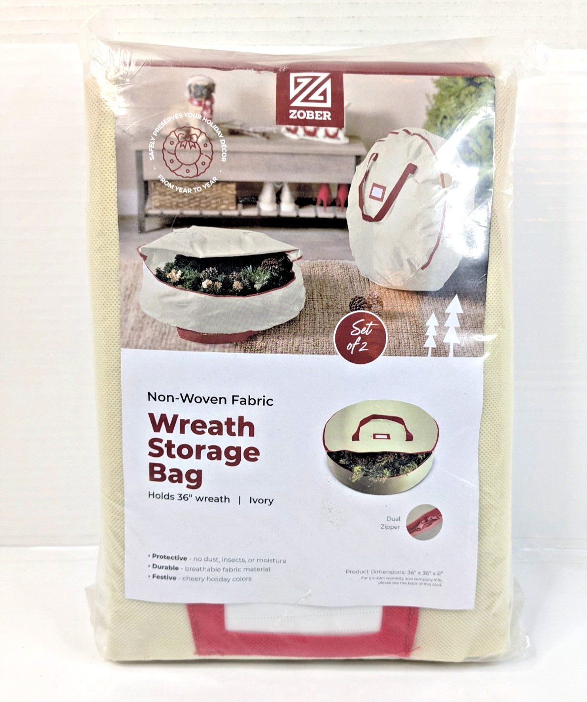 Zober 2-Pack Wreath Storage Bag 36" Ivory Dual Zipper Non-Woven Fabric gallery