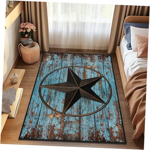 Western Area Rug 4x6,Rustic Barn Texas Star on Old Wooden Plank,Teal Carpets gallery