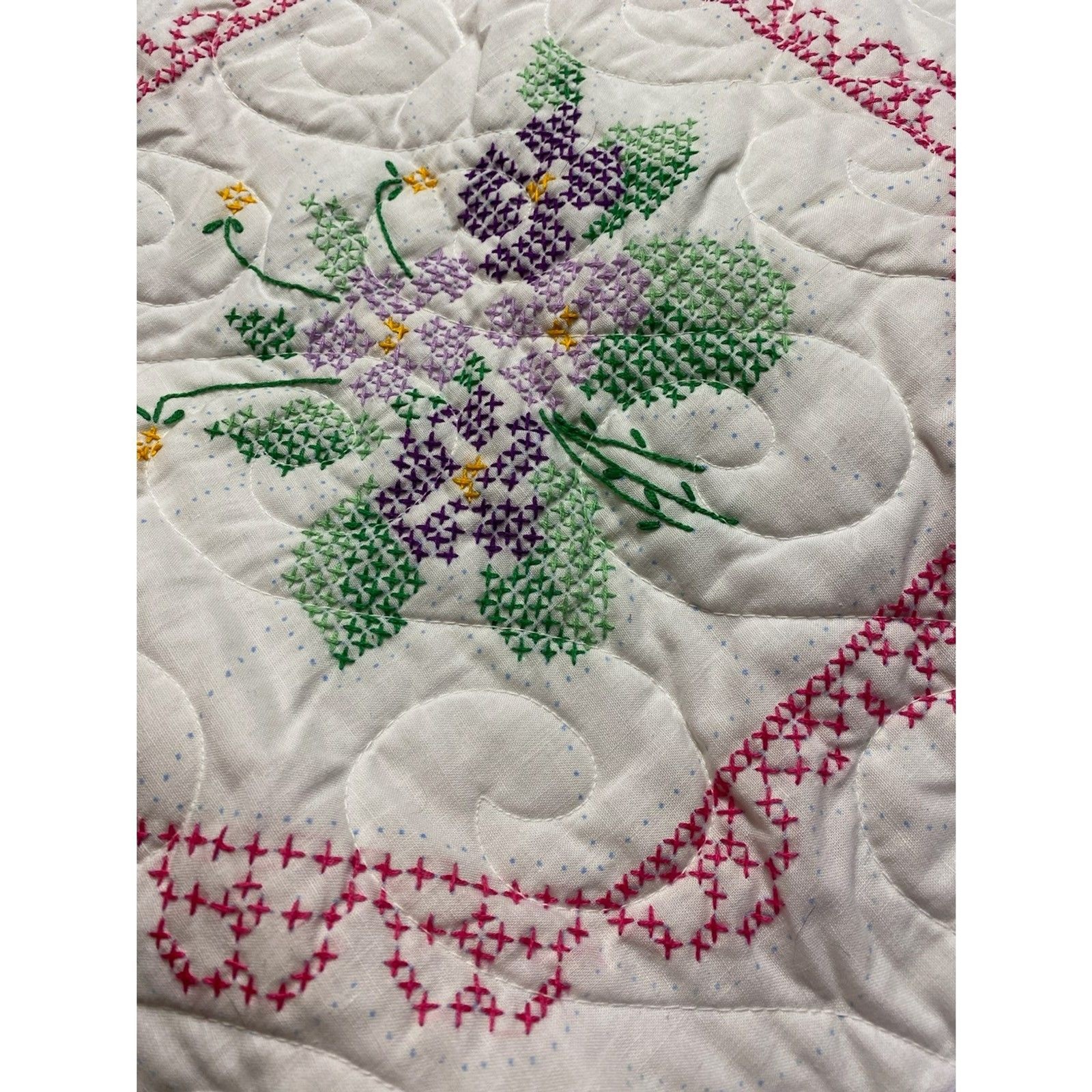 Vintage Handmade Embroidered Floral Quilt - Purple Pansy Cross Stitch - 82x71 gallery