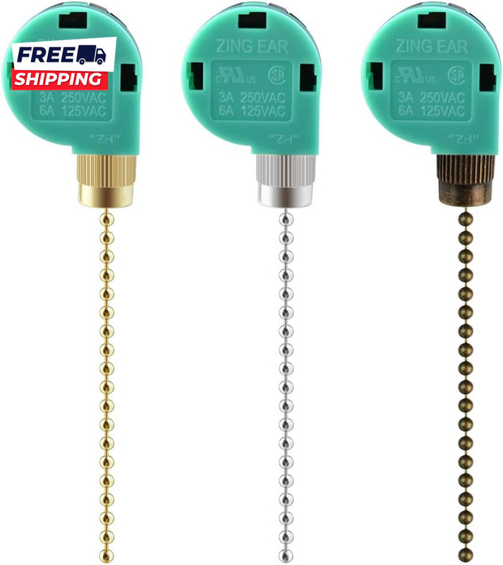 3 Pack Ceiling Fan Switch 3 Speed 4 Wire Zing Ear ZE-268S6 Fan Pull Chain Switch gallery