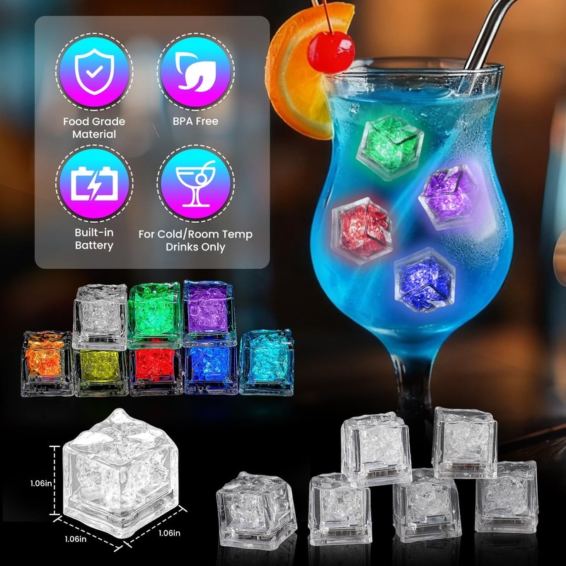 Light Up Ice Cubes, 18 Pack Multi Color Led Ice Cubes for Drinks IP67 Waterpr... gallery
