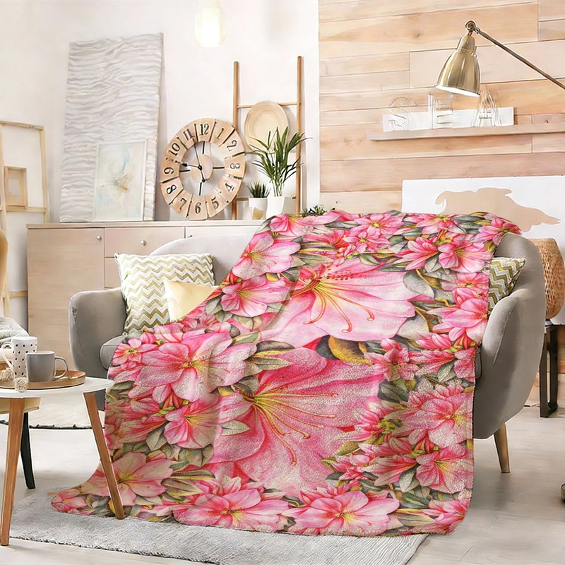 Pink Flower Pattern Flannel Blanket Soft Cozy Tapestry Napping Travel Use gallery