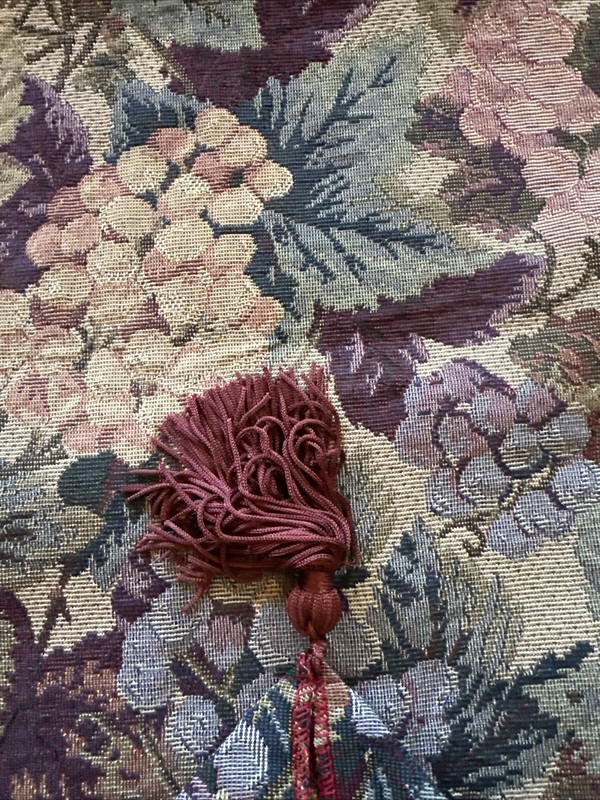 Fall Tapestry Table Runner Grapes & Leaves Burgundy Tassels 78” x 12 3/4” Estate gallery