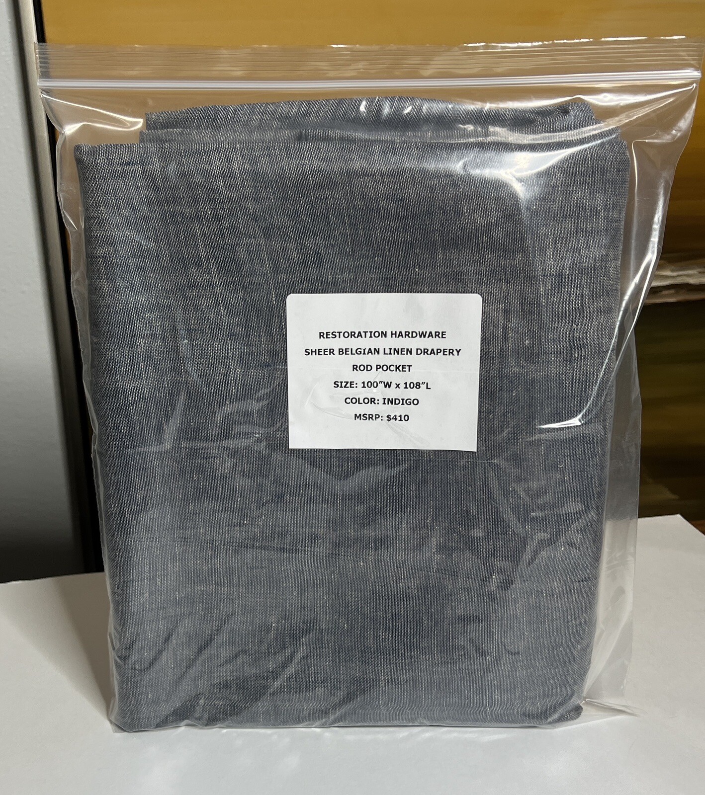 Restoration Hardware Sheer Belgian Linen Drapery RP 100"W x 108"L Indigo $410 gallery