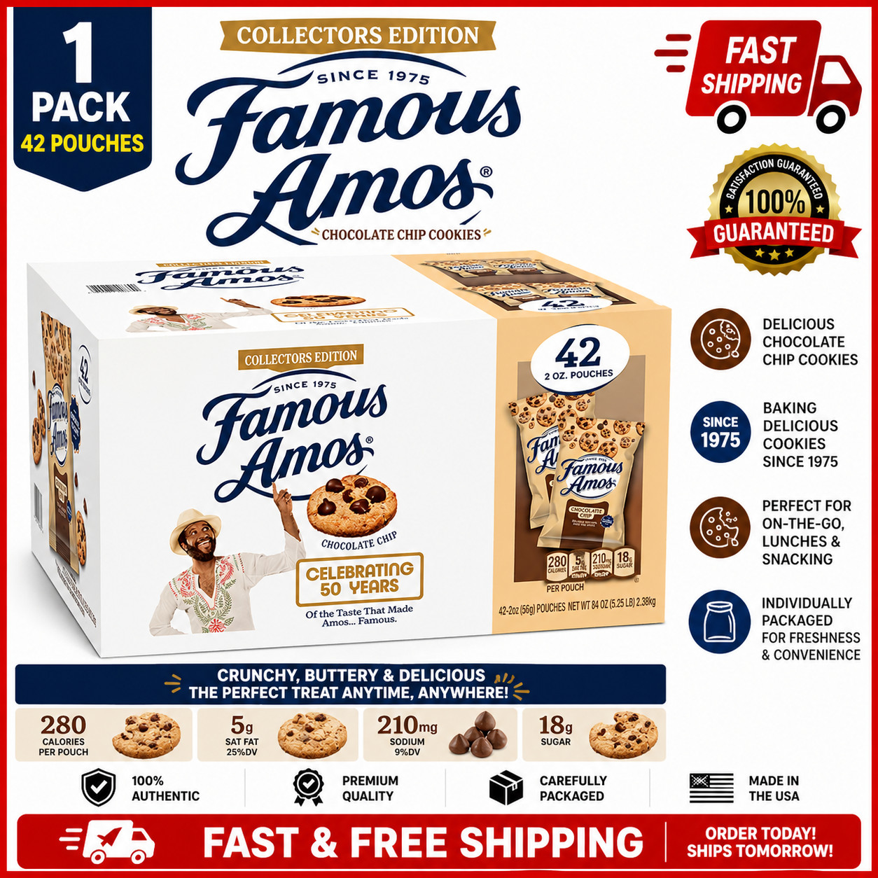 Famous Amos Cookies, Chocolate Chip, 2 oz, 42-count gallery