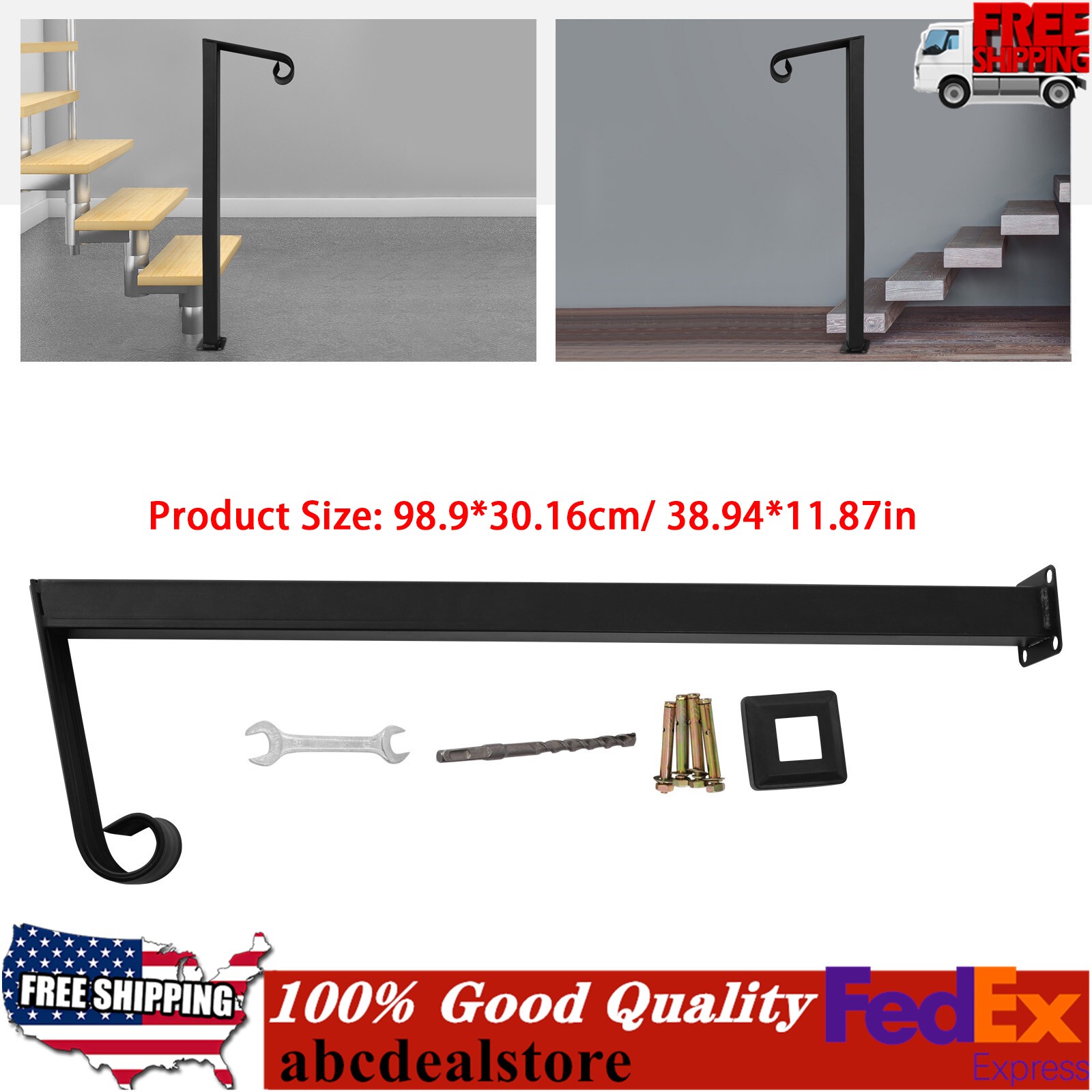 Single Post Handrail Stairs Railing Handrail For 1 or 2 Steps Handrail Metal NEW gallery