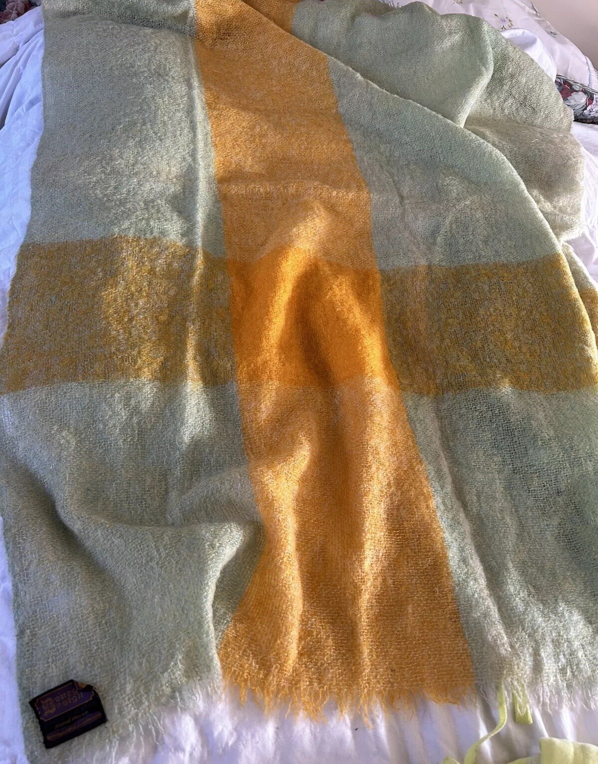 Donegal Design Throw Blanket Scarf Mohair Wool Handwoven Ireland Yellow Green gallery