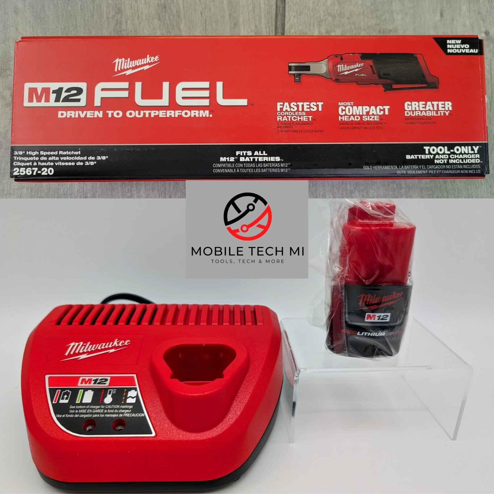 Milwaukee M12 FUEL 3/8" High Speed Ratchet 2567-20 Kit 2.0 Ah Battery + Charger gallery