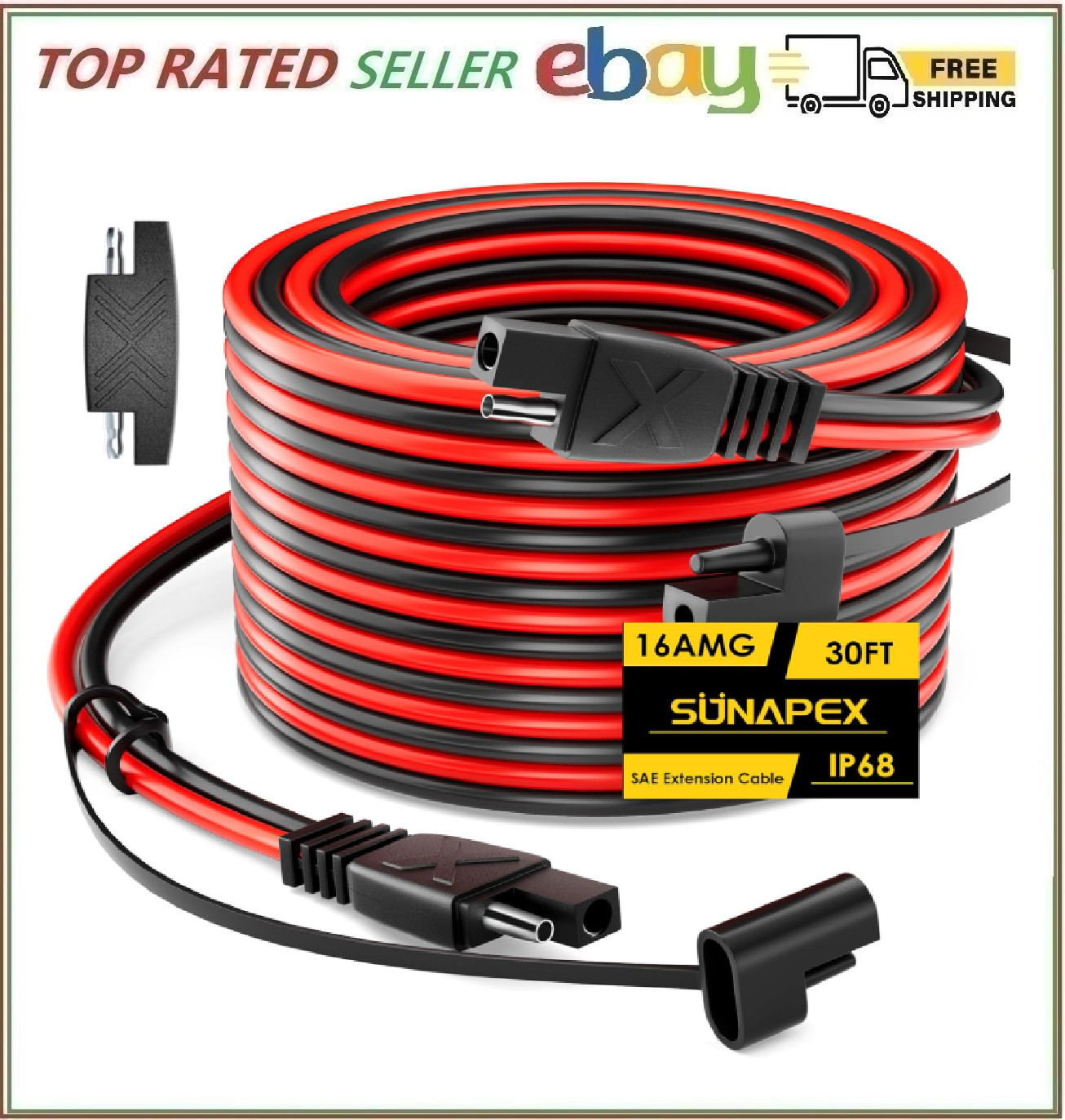 SUNAPEX SAE to SAE Extension Cable: 16 AMG 30 FT Pure Copper Cord - Waterproof Q gallery