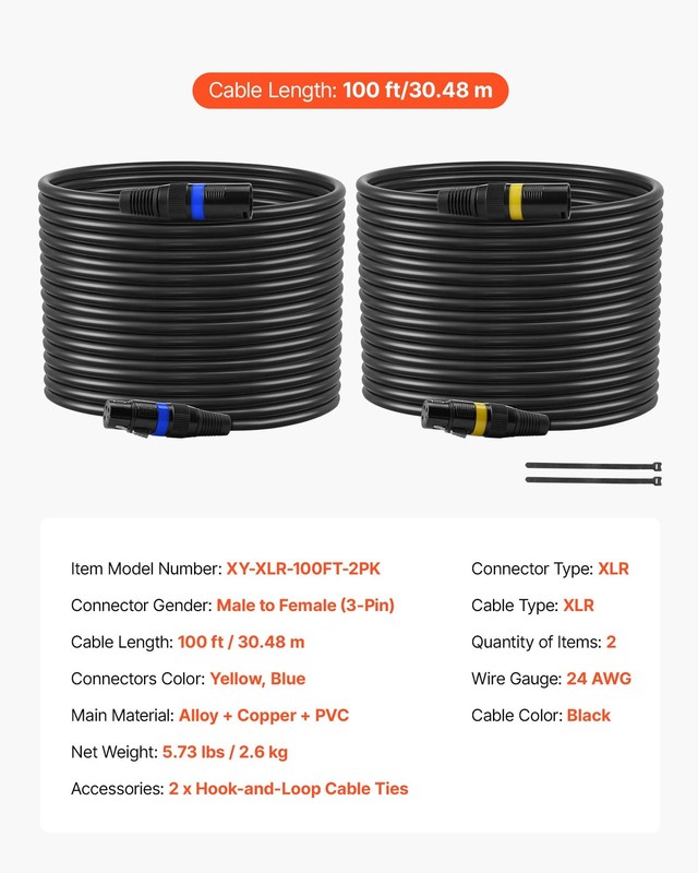 XLR Cable 100 ft, 2 Pack, Shielded Balanced DMX Male to Female Microphone Cables gallery