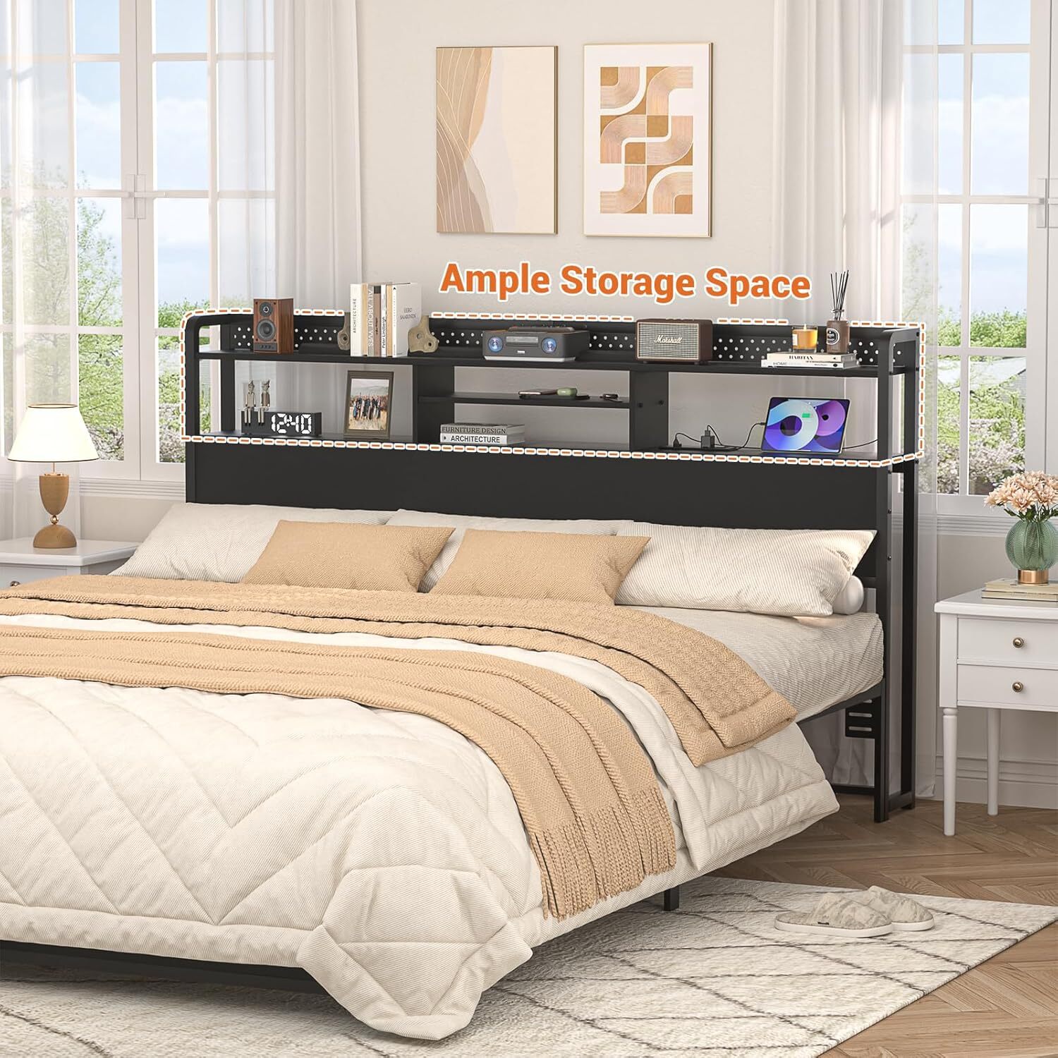 Homieasy Headboard with Power Outlets ＆ RGB LED Light ＆ Storage Shelf ＆ Pegboard gallery