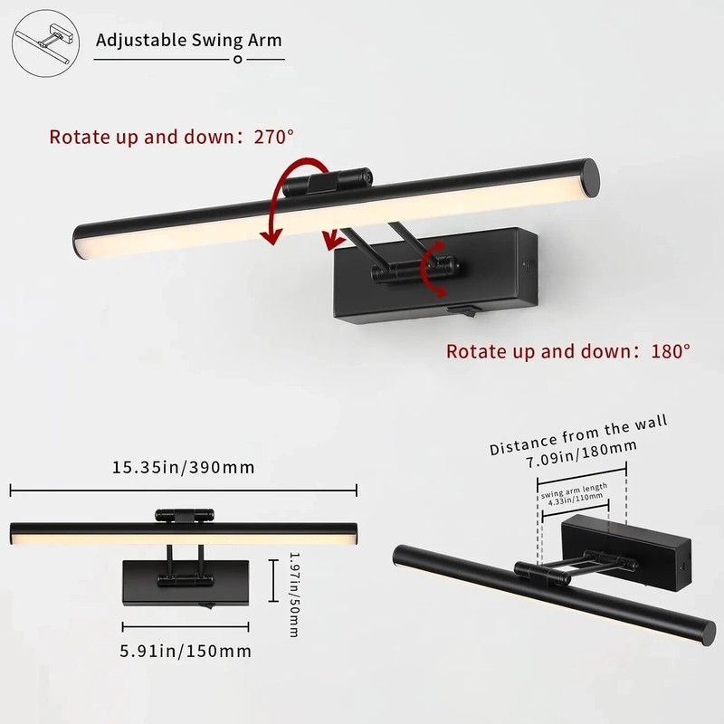 Dimmable Black Picture Light Battery Operated 16'' Inch, Rechargeable Gallery Li gallery