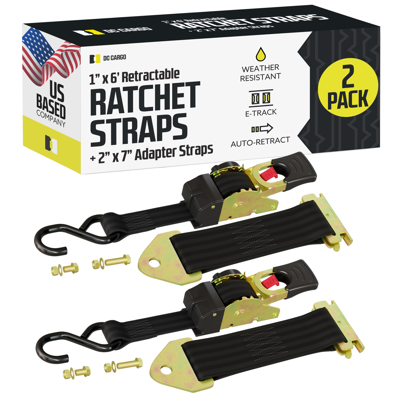 DC Cargo Retractable Ratchet Strap w/ E-Track Adapter & S-Hook 1" x 6' 2-pack gallery