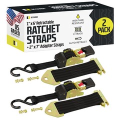 DC Cargo Retractable Ratchet Strap w/ E-Track Adapter & S-Hook 1″ x 6′ 2-pack