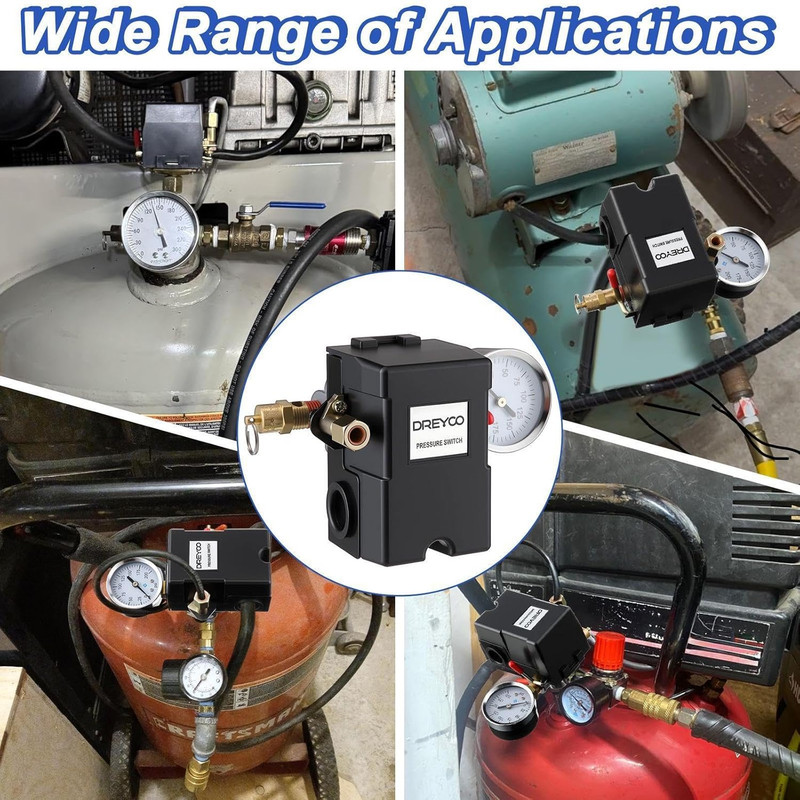 Air Compressor Pressure Switch 135-175 4-Port 20 Amp with 0-200 PSI Gauge and 20 gallery