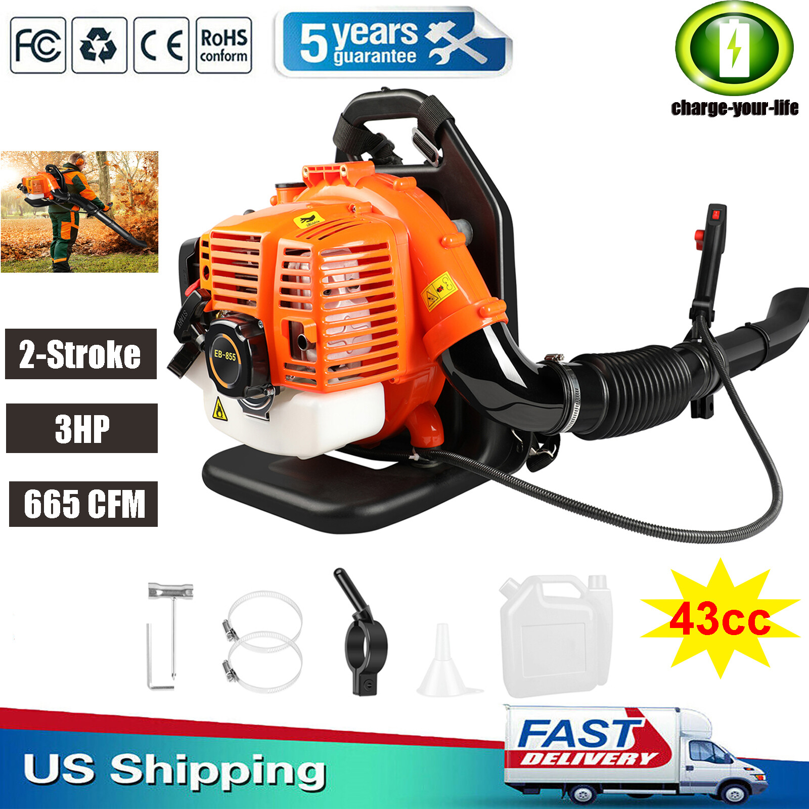 Backpack Leaf Blower Gas Powered Snow Blower 665CFM 270MPH 43CC 2-Stroke 3HP NEW gallery