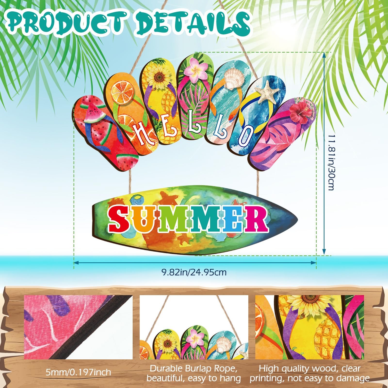 Hello Summer Door Sign Rustic Wood Summer Door Wall Decor Slippers Flower Summer gallery
