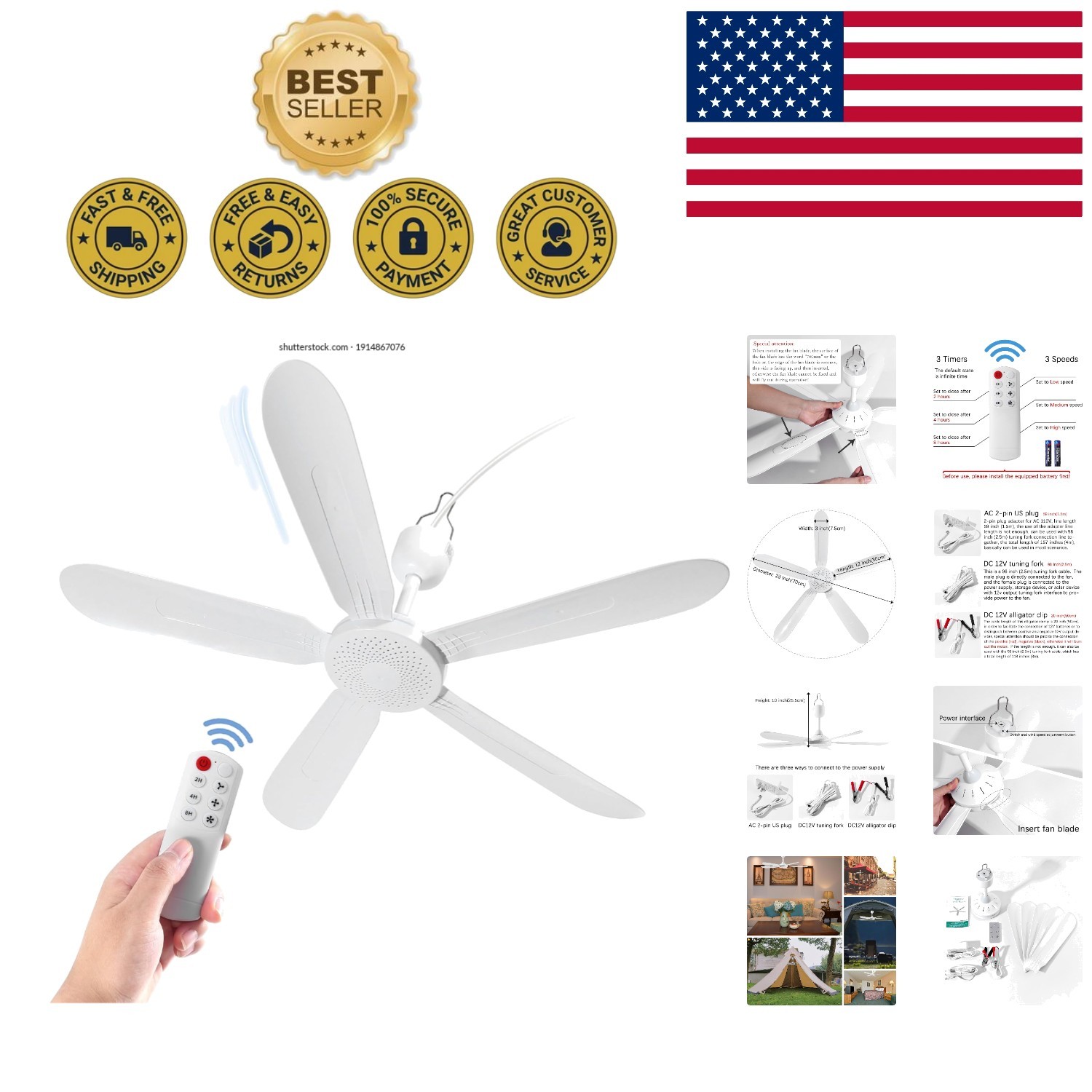 28" Modern Ceiling Fan - Indoor/Outdoor Remote-Controlled Fan for All Rooms gallery