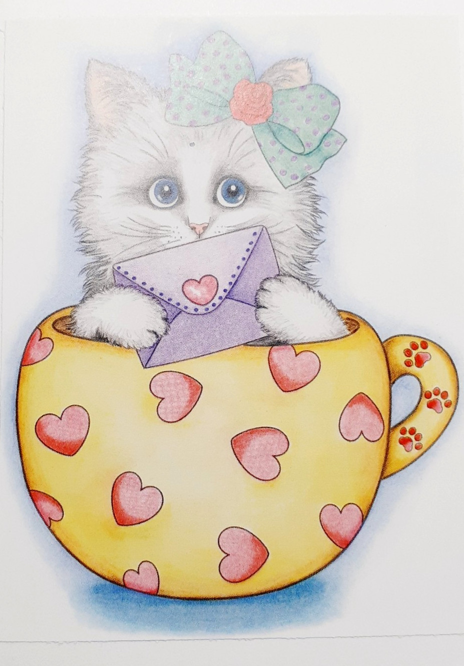 a cat funny any occasion card - a kitty in a heart teacup ED#204 gallery