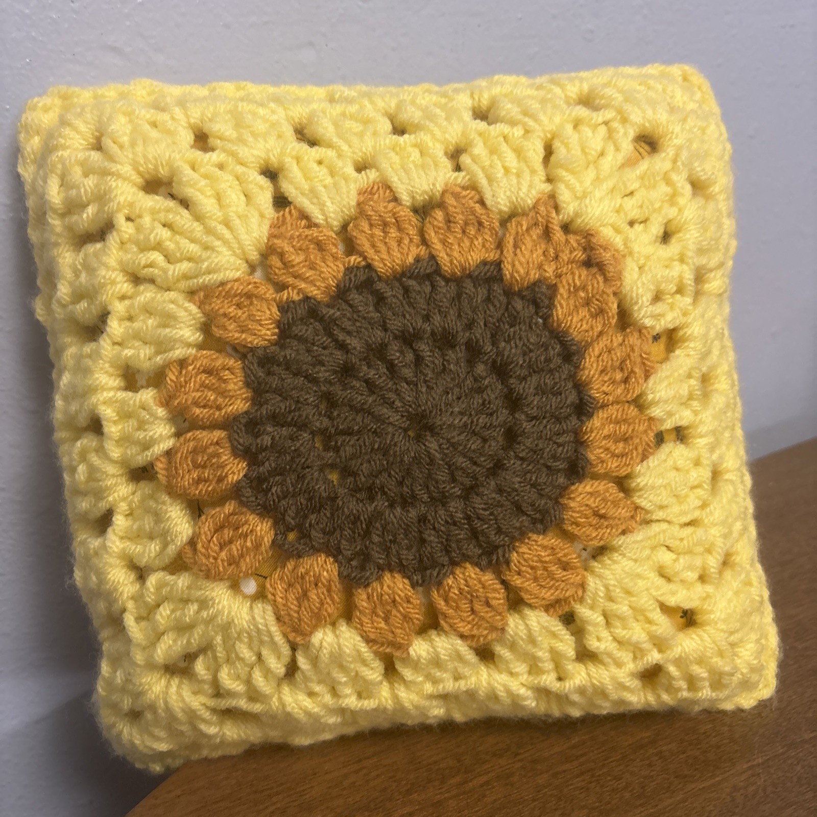 Crocheted Granny Square Farmhouse Core Throw Pillow 9”x9” Sunflower gallery