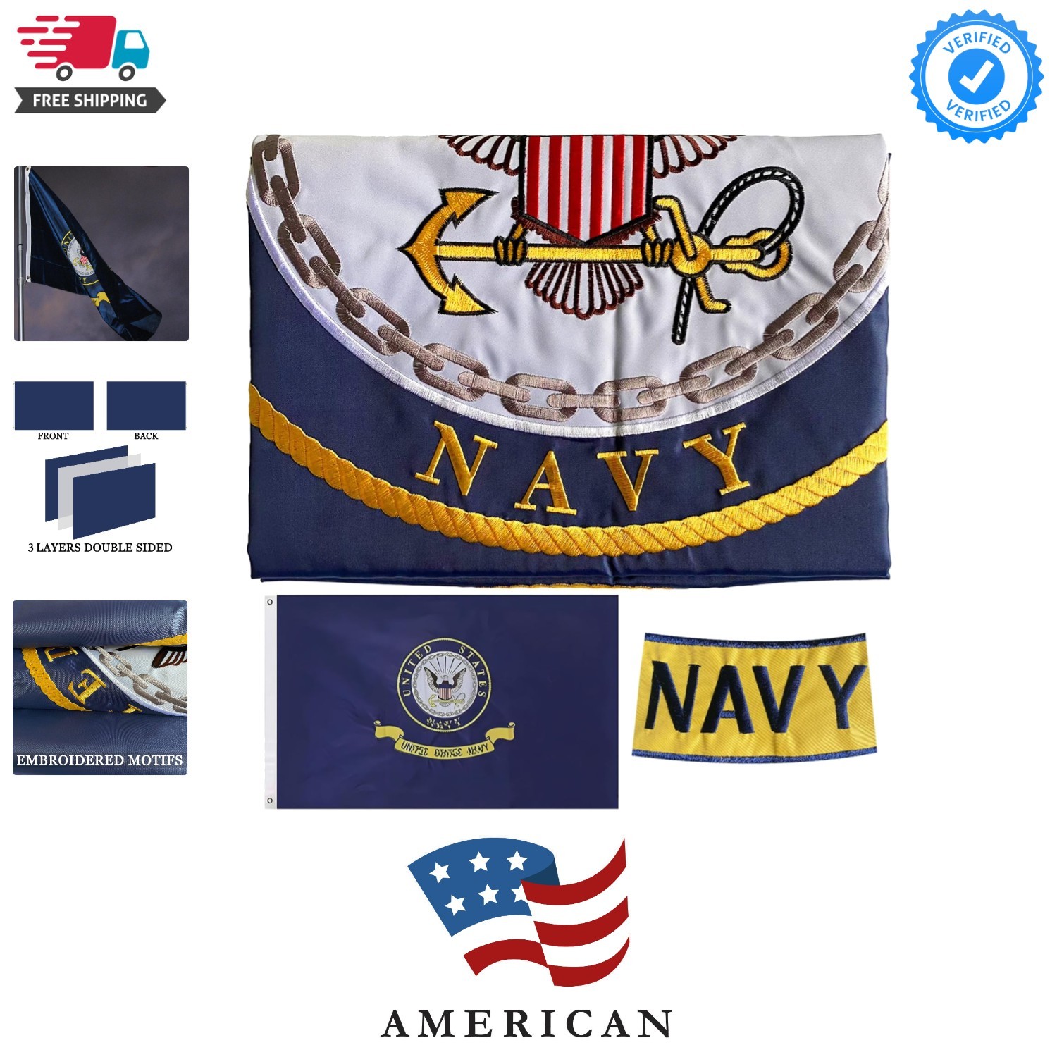 Embroidered Navy Emblem Flag Double Sided 3x5 Outdoor- 300D Heavy Duty Nylon-... gallery