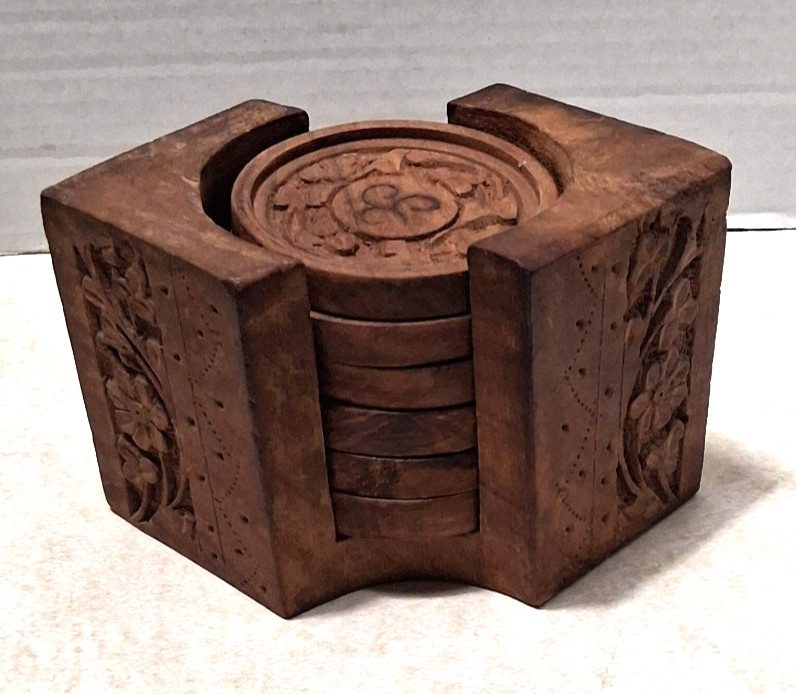 Indian Rosewood - Rustic Wood Coaster Set - Hard Carved - Set of 6 - Metal Inlay gallery