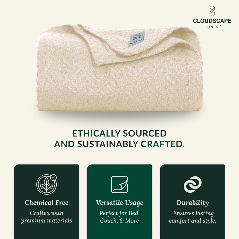 Cloudscape Linen Cloudscape 100 Cotton King Size Blanket - Herringbone Weave - gallery
