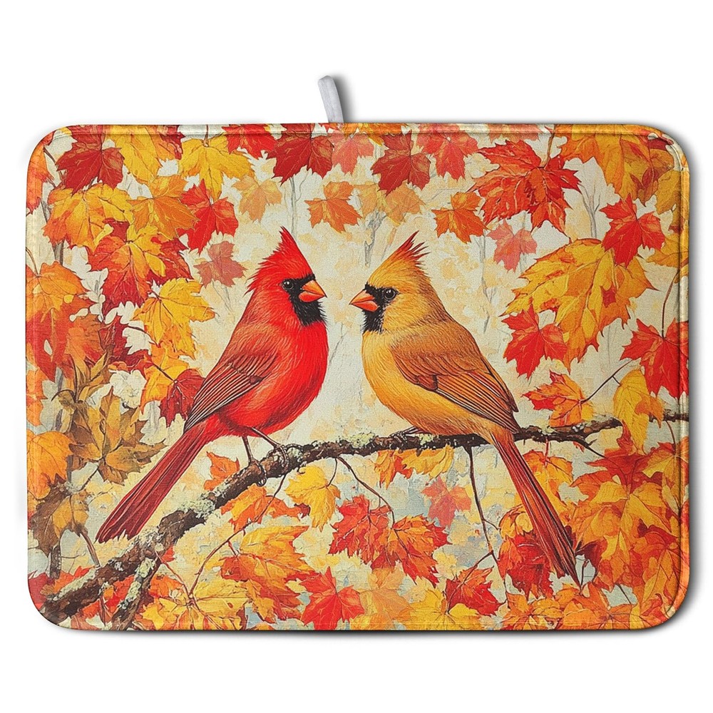 Kwlegh Fall Dish Drying Mat: Maple Leaf & Cardinal Bird Microfiber, 18x24"