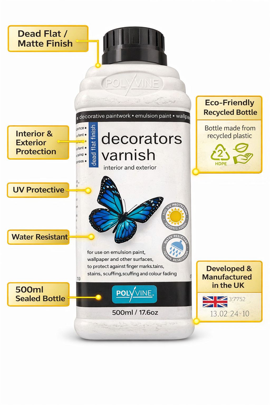 Polyvine Decorators Varnish 500ml Dead Flat Matte Finish Interior Exterior UV Pr gallery
