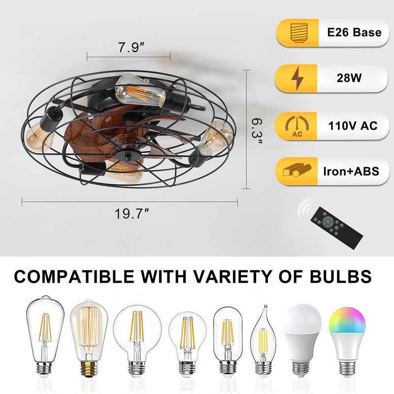20'' Caged Ceiling Fan with Light Low Profile Flush Mount Remote Control Black gallery