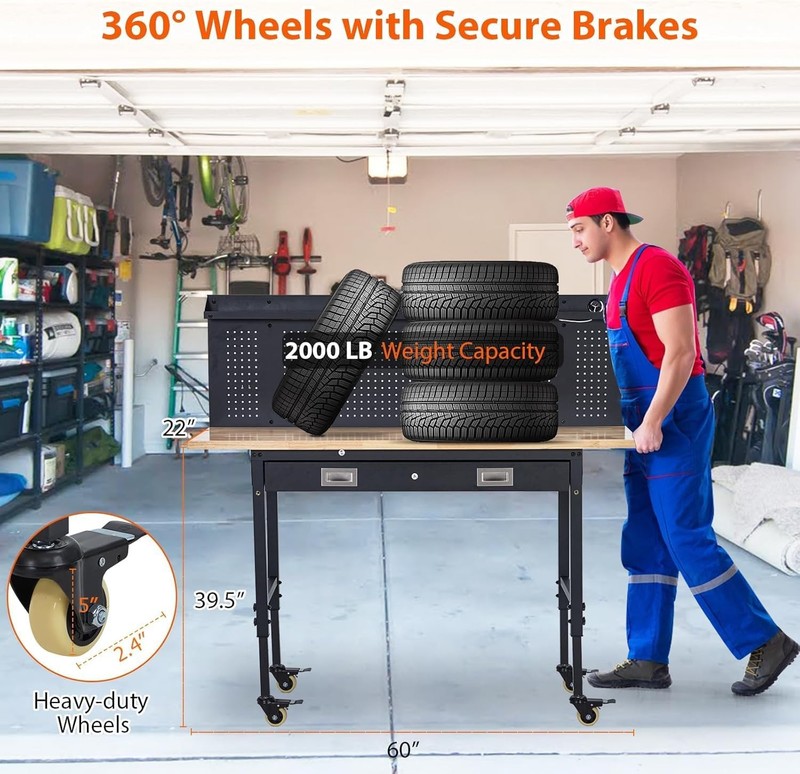60'' Adjustable Workbench with Power Outlet, Wheels, Drawers, Pegboard gallery
