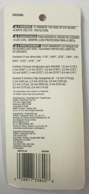 DEWALT 9 PC HEX DRIVE 1" BIT TIPS DW2068 SAE 1/16"-1/4" SCREW BITS ALLEN BITS gallery